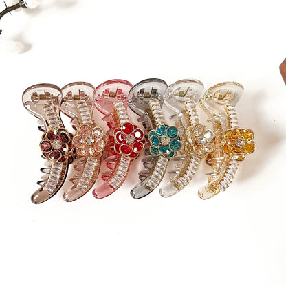Royal Bloom 8 cm crystal flower banana clips in wine maroon, blush pink, ruby red, teal blue, crystal clear and amber yellow with gold setting