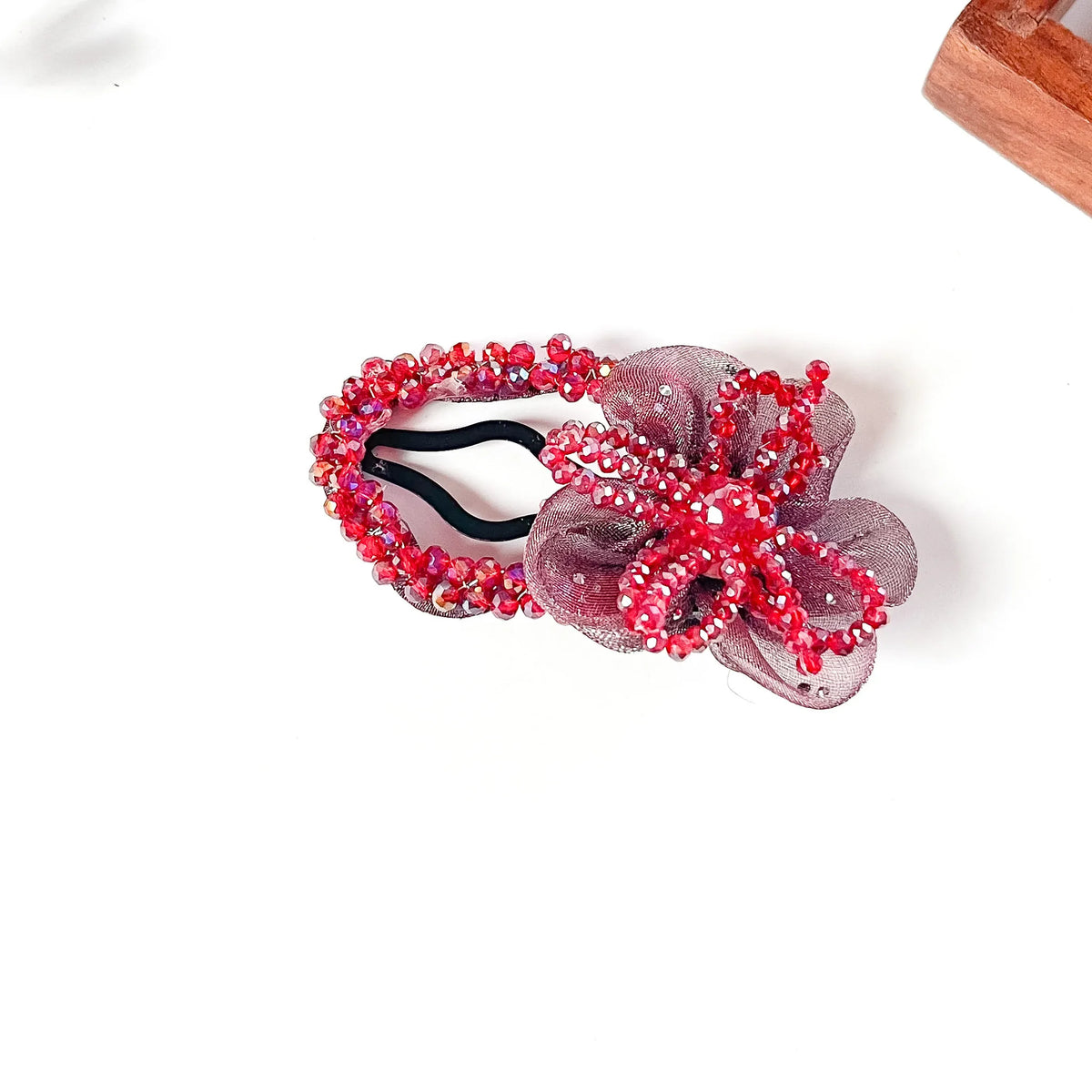 Ruby red beaded flower tic tac hair clip for women, party wear