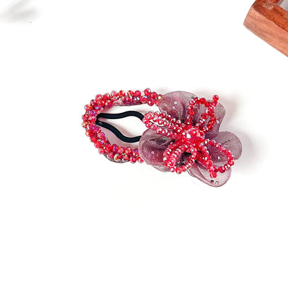 Ruby red beaded flower tic tac hair clip for women, party wear