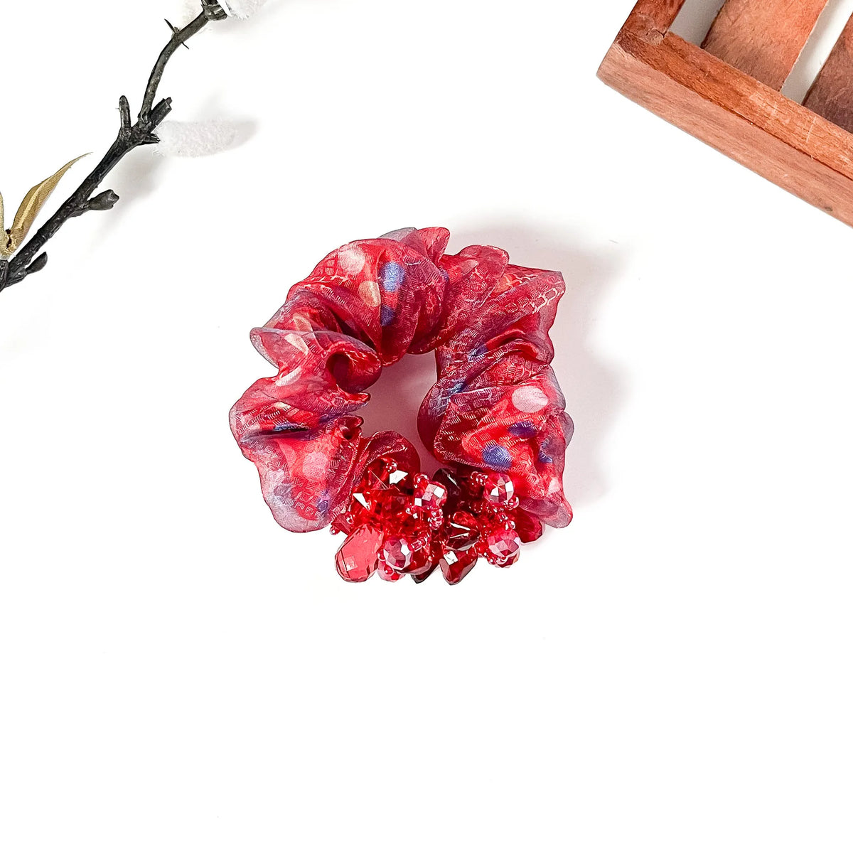Ruby red scrunchie with crystal charms for weddings