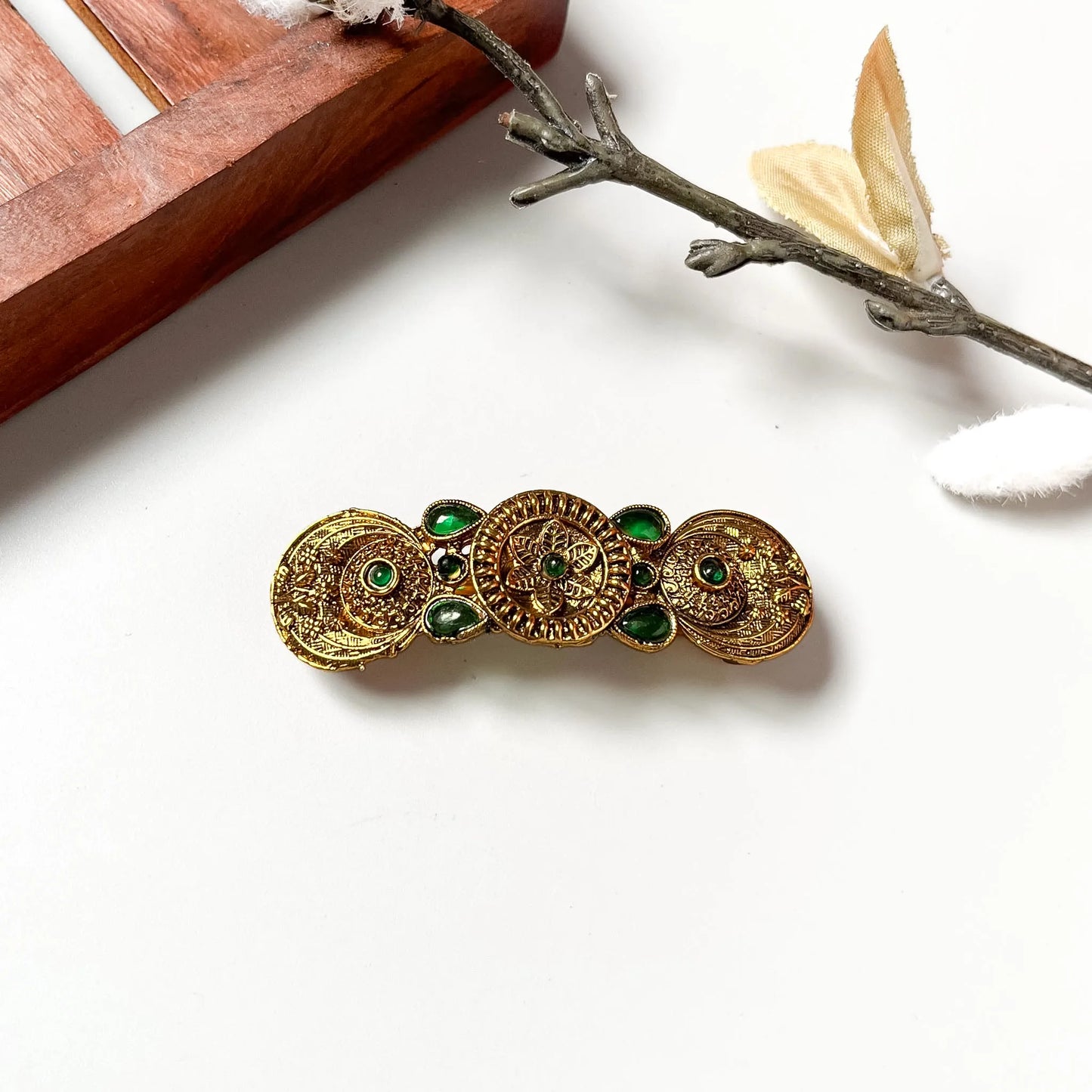 Vintage sacred medallion barrette with emerald green stones and devotional centre design, 4cm hair clip