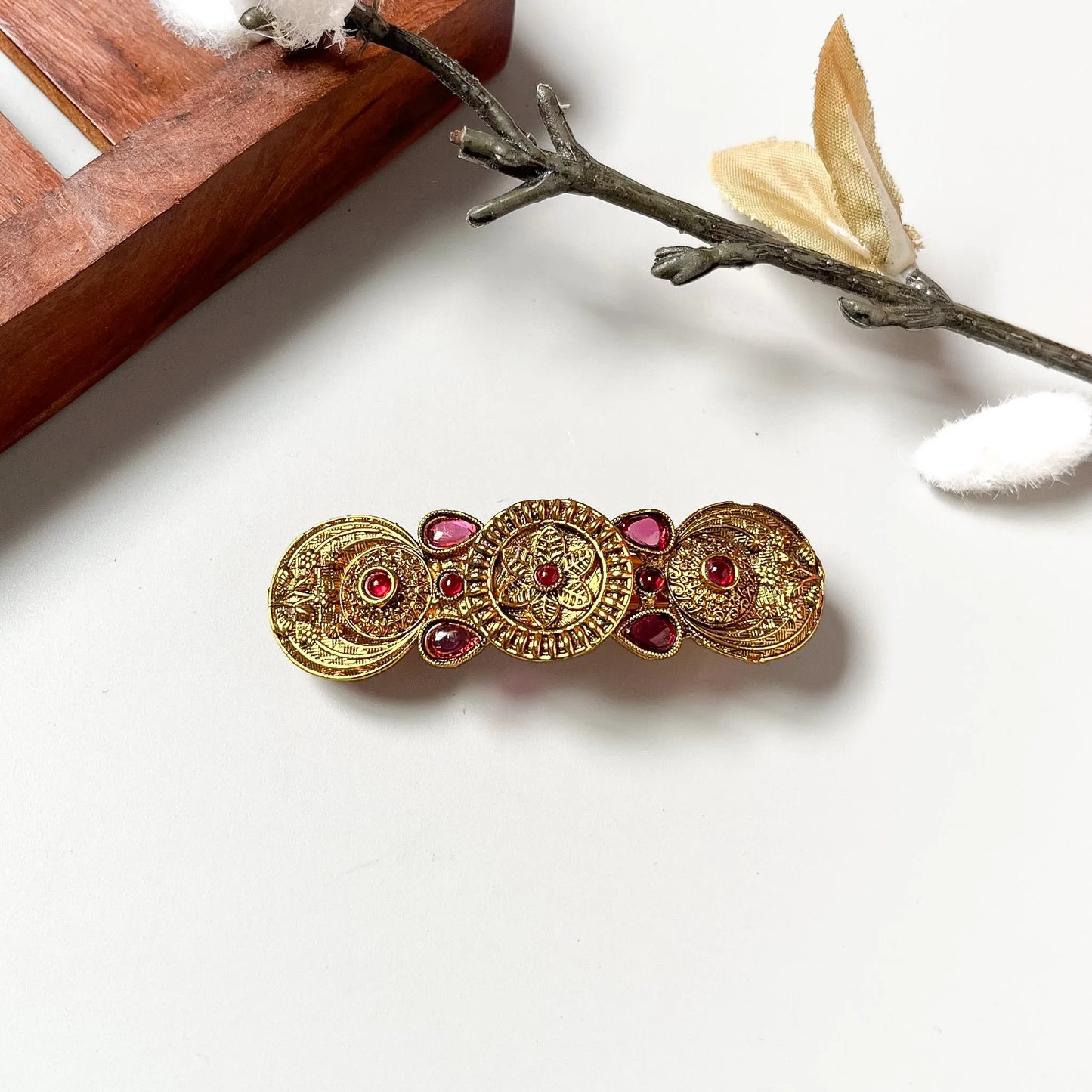 Mixed gemstone sacred medallion barrette with ruby and emerald, ornate centre, antique gold 4cm barrette