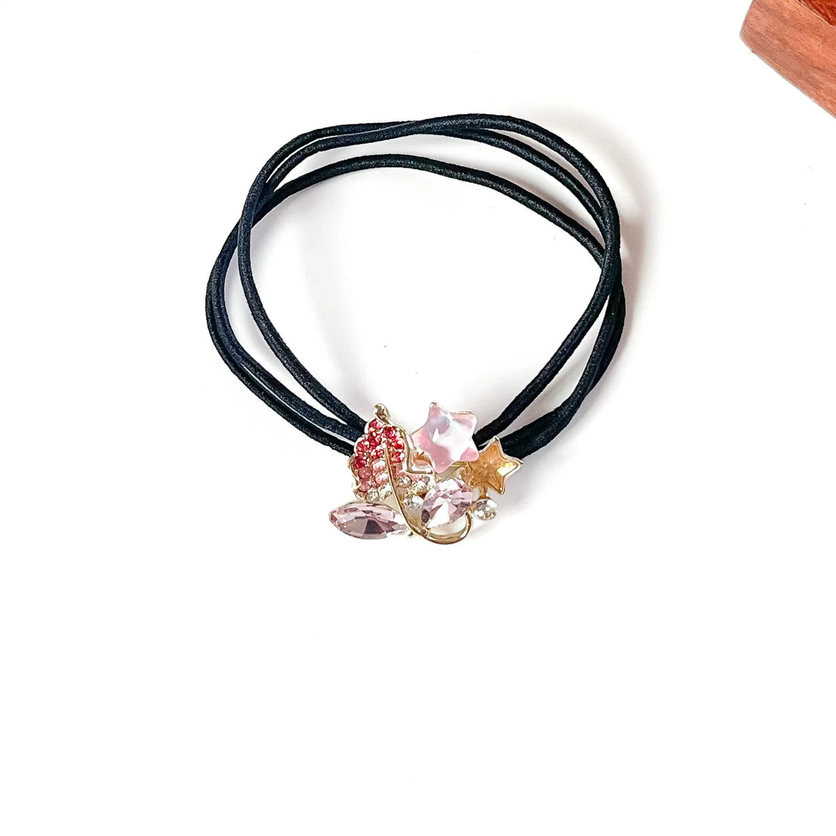 Sakura pink fancy hair rubber band with pink crystals, rhinestone leaf and gold star, dressy hair tie