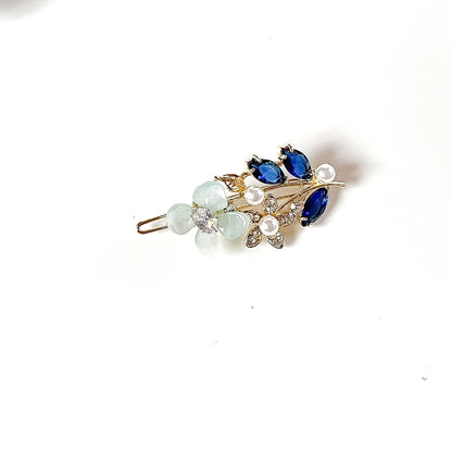 Sapphire blue stone hair clip with mint green flower and pearls