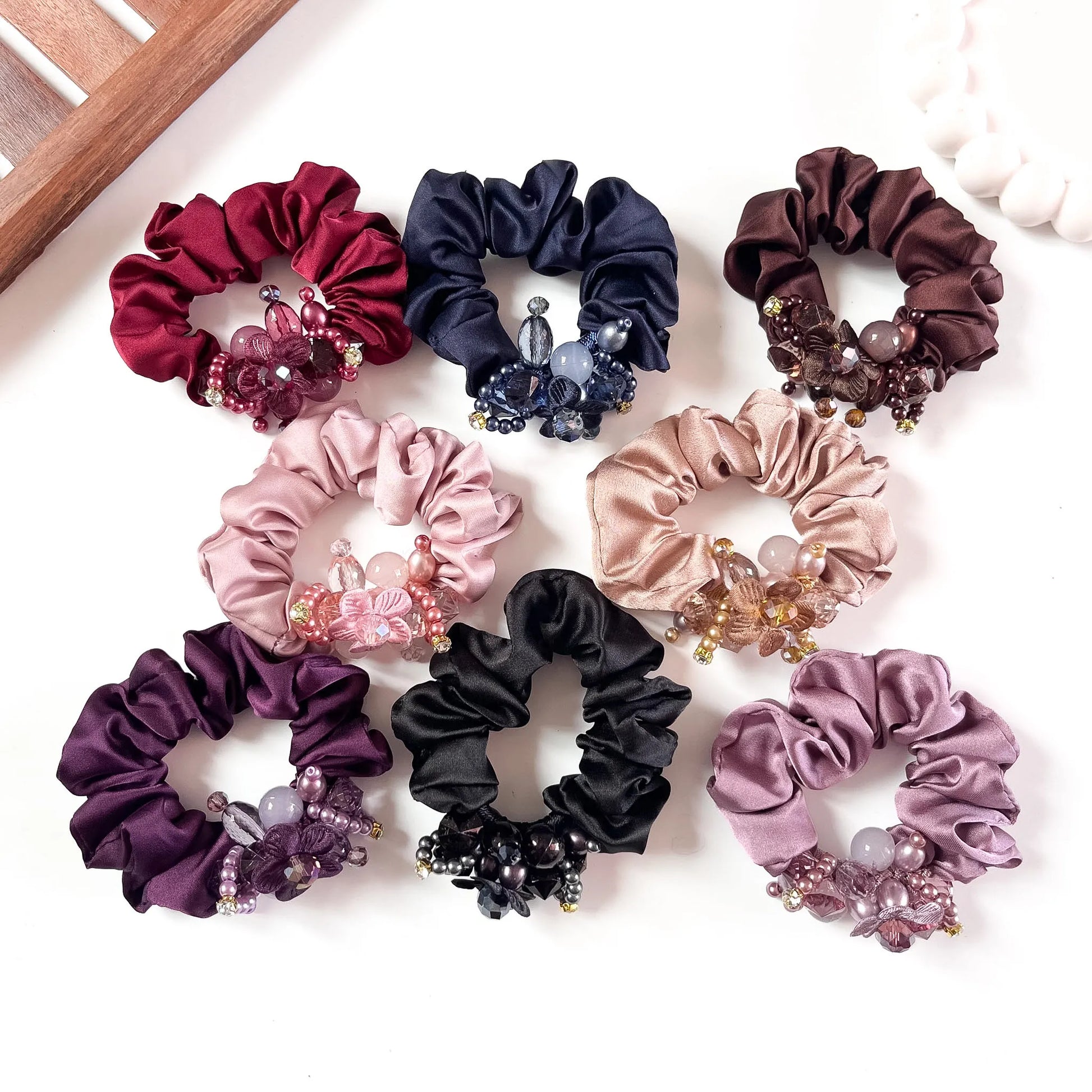 Satin Jewel Scrunchie in eight colours with beaded floral cluster