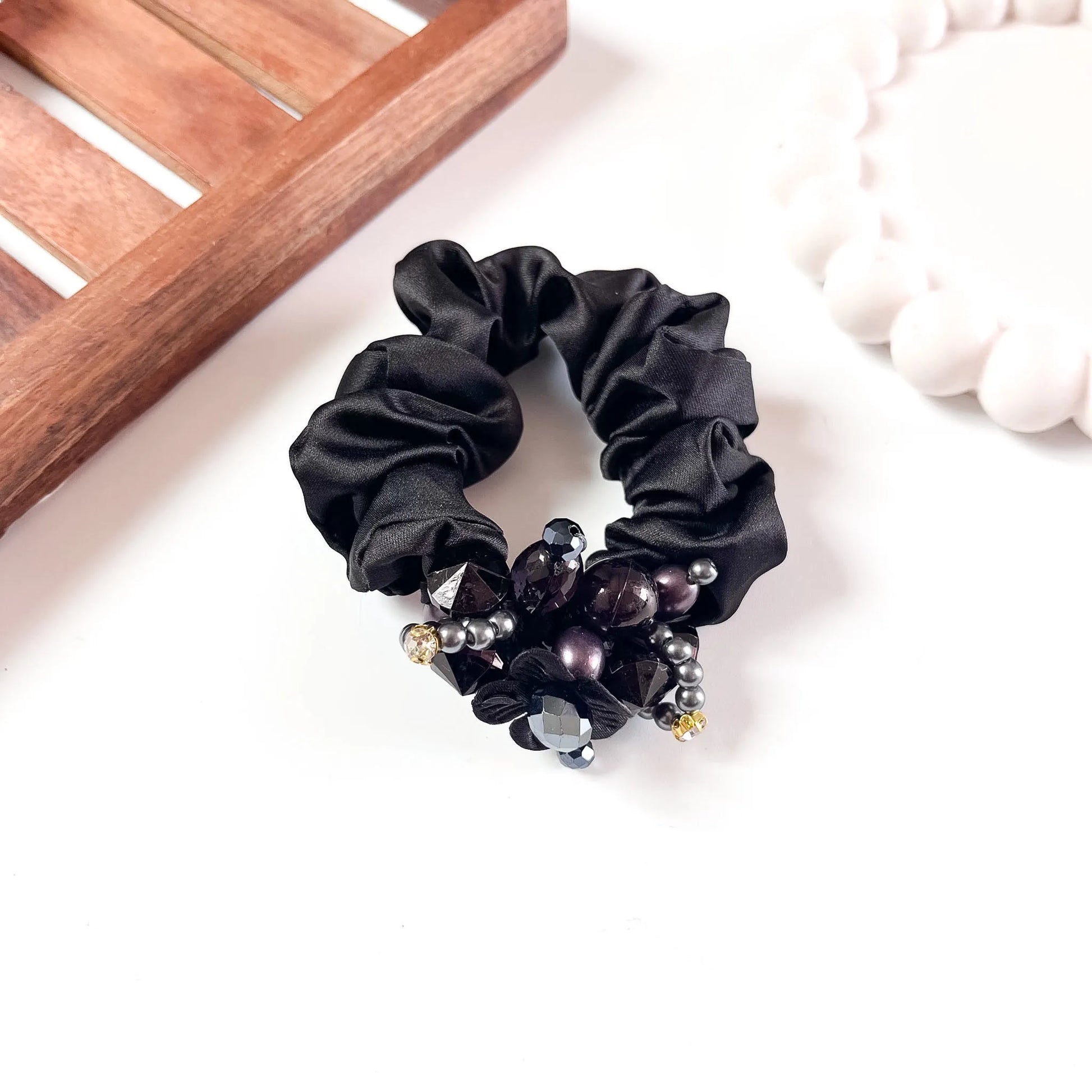 Black satin Jewel Scrunchie with beaded floral cluster