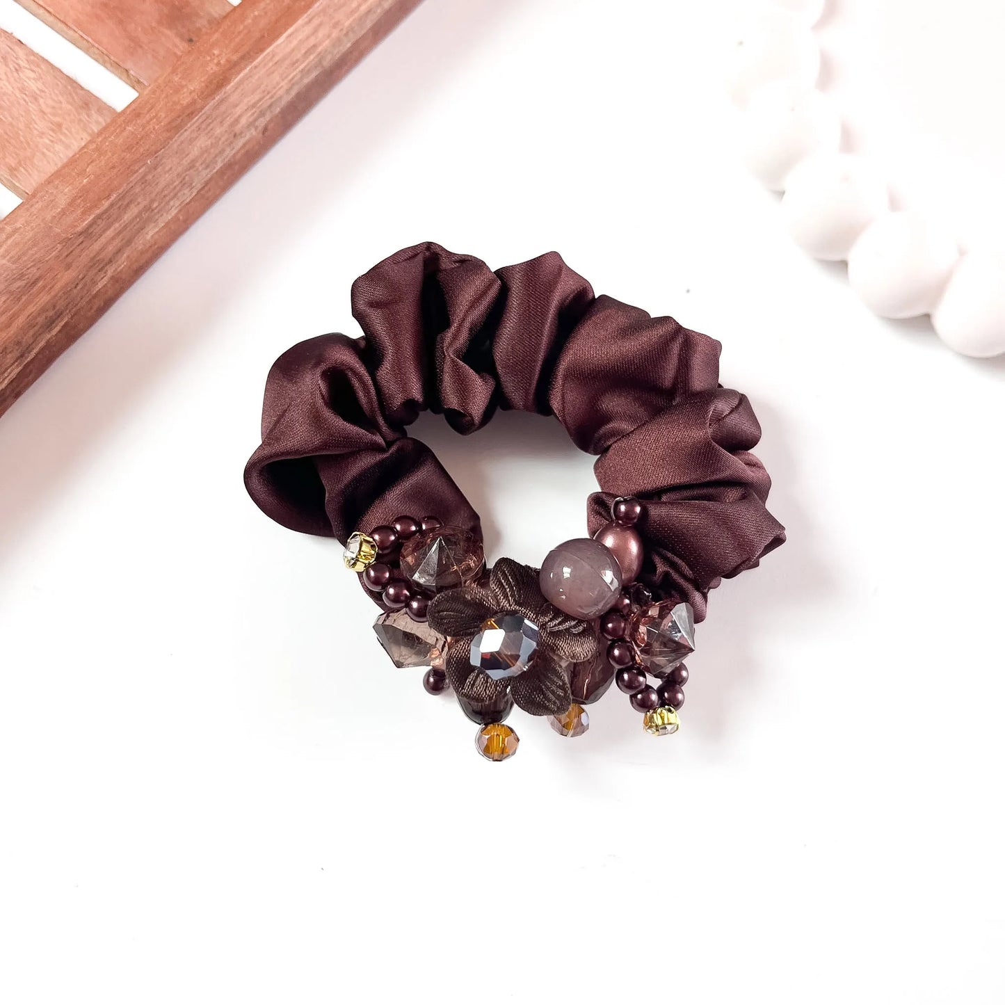 Brown satin Jewel Scrunchie with beaded floral cluster
