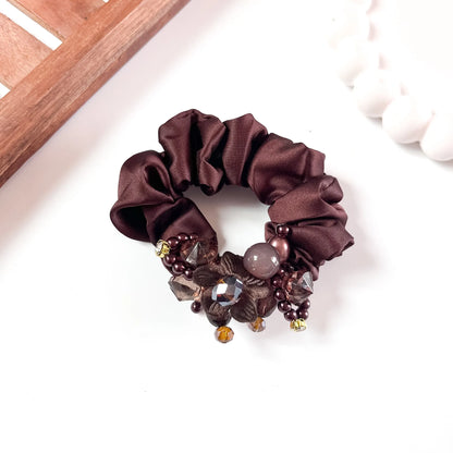 Brown satin Jewel Scrunchie with beaded floral cluster