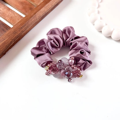 Mauve satin Jewel Scrunchie with beaded floral cluster