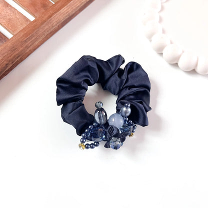 Navy satin Jewel Scrunchie with beaded floral cluster