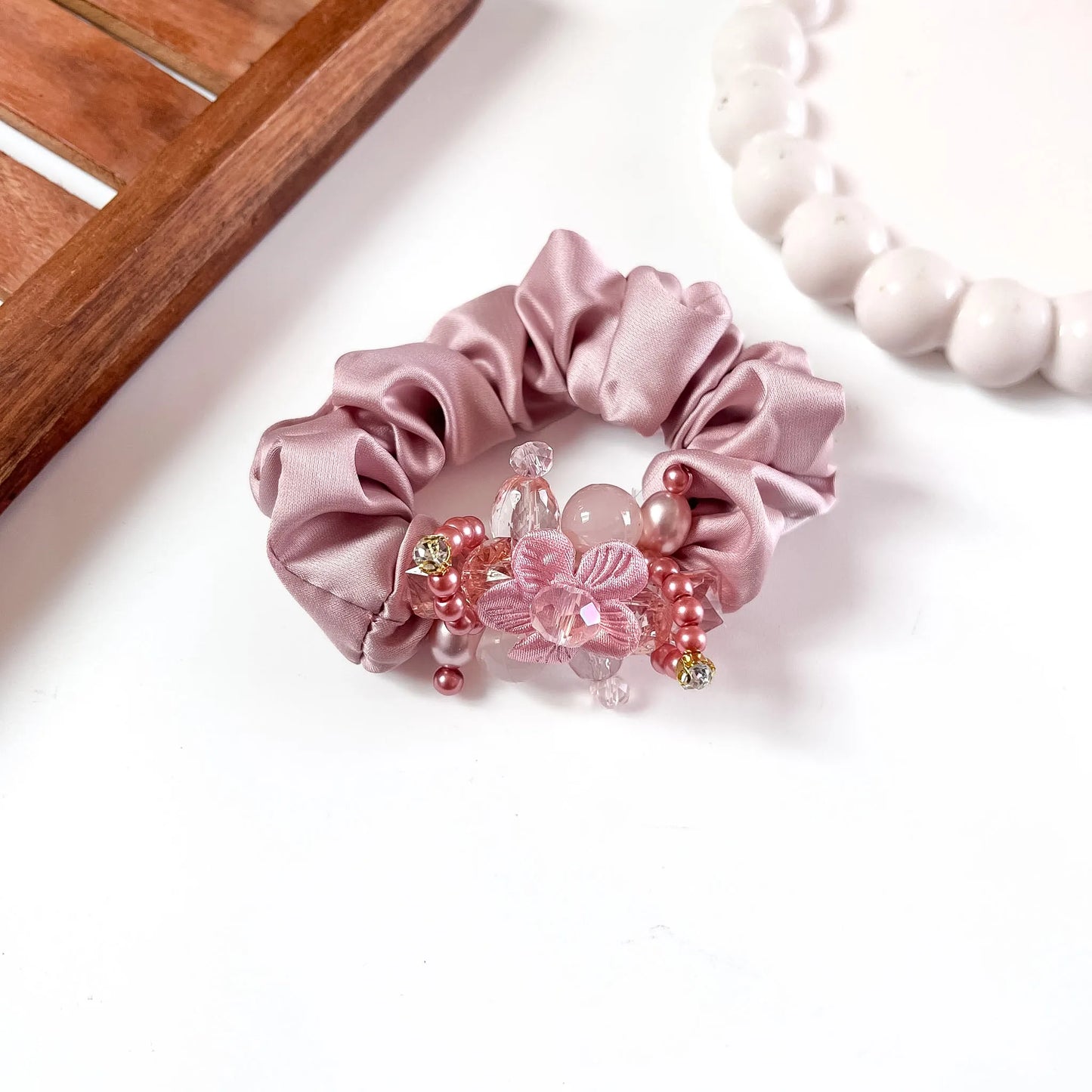 Pink satin Jewel Scrunchie with beaded floral cluster