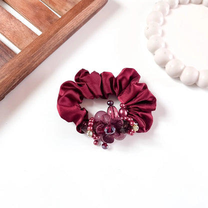 Red Maroon satin Jewel Scrunchie with beaded floral cluster