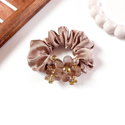 Tan Gold satin Jewel Scrunchie with beaded floral cluster