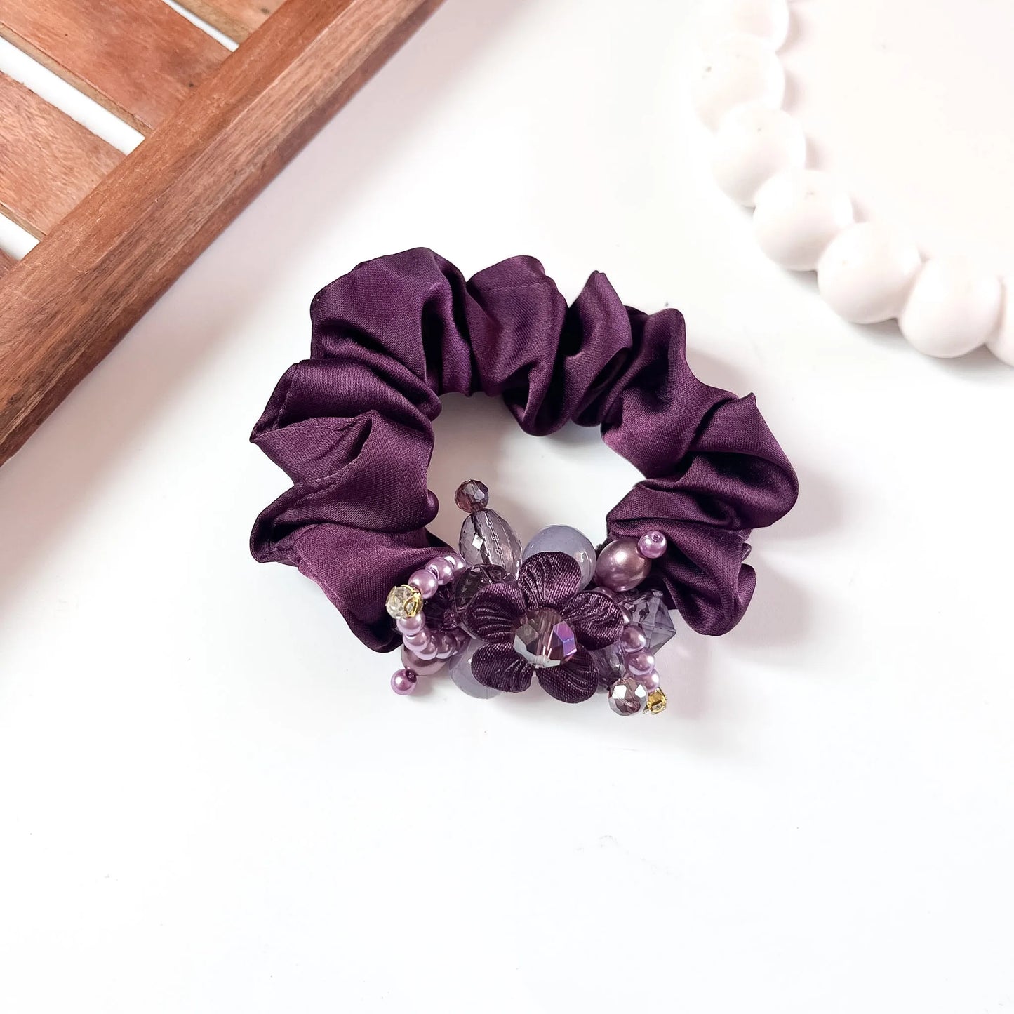 Wine satin Jewel Scrunchie with beaded floral cluster