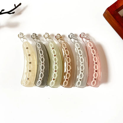 Set of 6 small gem lock banana clips in vanilla cream, sage green, champagne beige, cognac tan, silver gray, and blush pink. Scalloped edge with rhinestone detail and secure lock closure. 8cm size perfect for medium hair, fine hair, and all hair types.