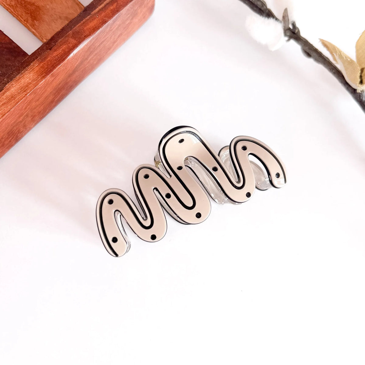 Ivory sculptural wave hair clip with ribbed design and crystalline finial, medium minimalist clip