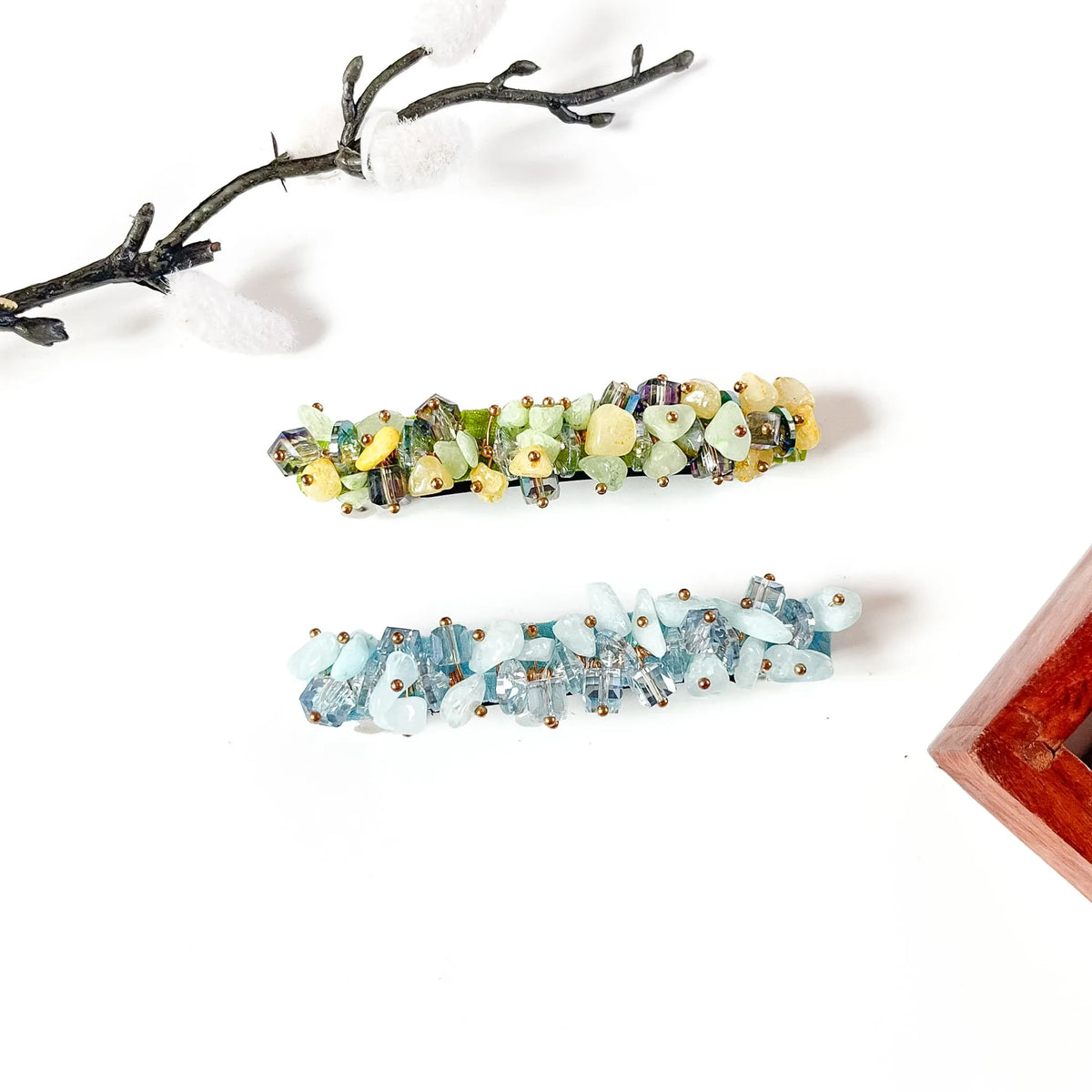 Sea Glass Barrette in lemongrass mint green and lagoon aqua blue, pastel crystal hair clips