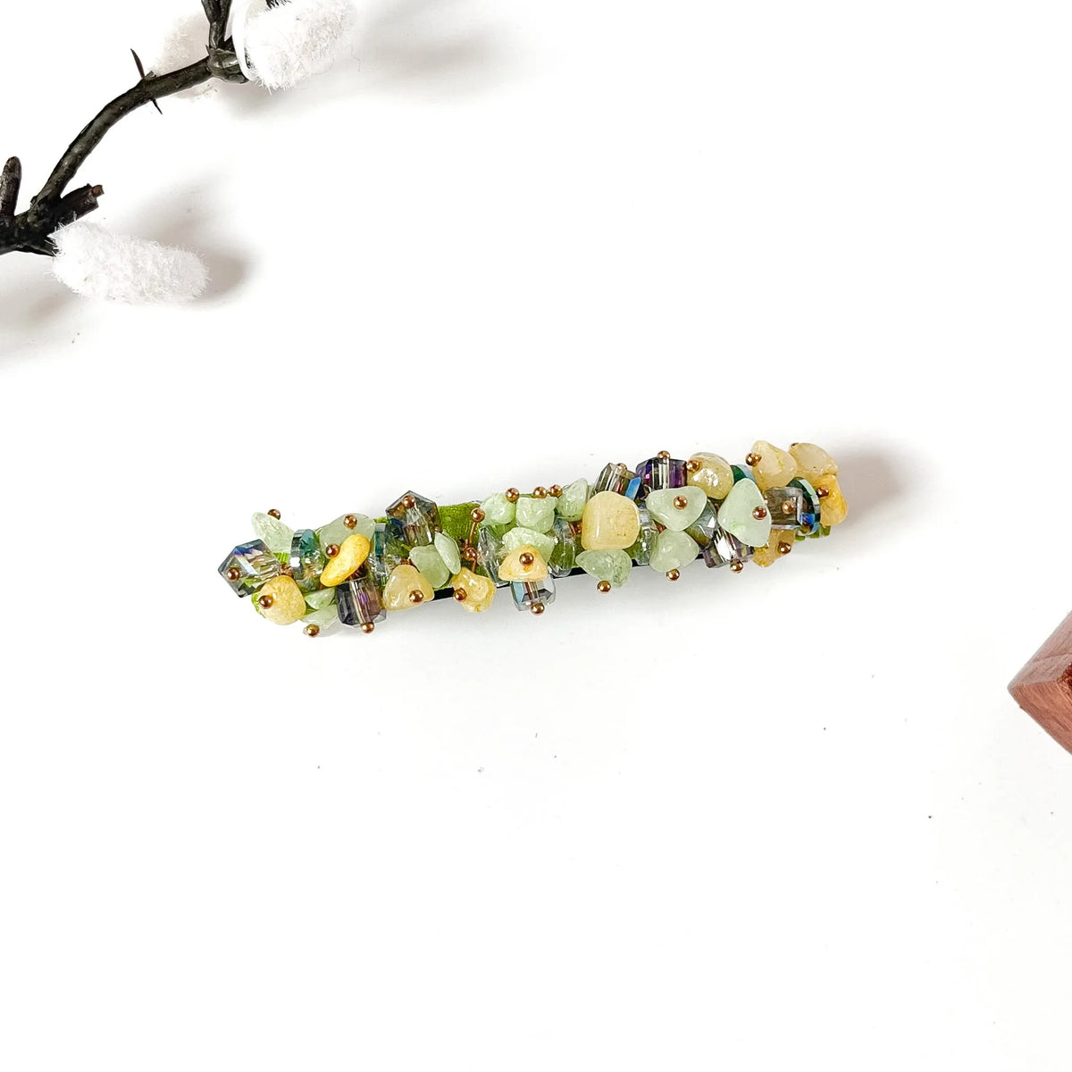 Lemongrass mint green and yellow stone chip hair clip with AB cube crystals and gold beads