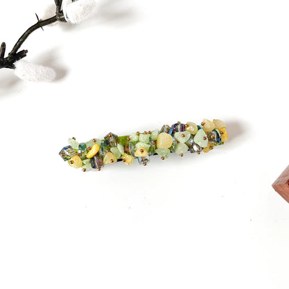 Lemongrass mint green and yellow stone chip hair clip with AB cube crystals and gold beads