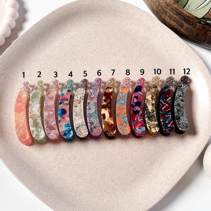 Curved mosaic lock banana clip in 12 shades pink grey gold red amber sage and more