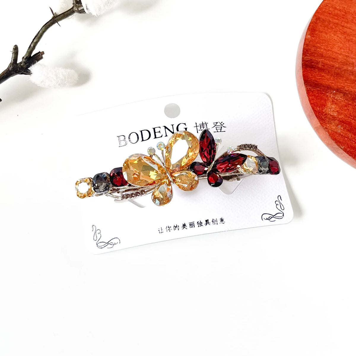 Harvest multicolour butterfly hair clip with champagne and burgundy crystals, a sparkly barrette for weddings