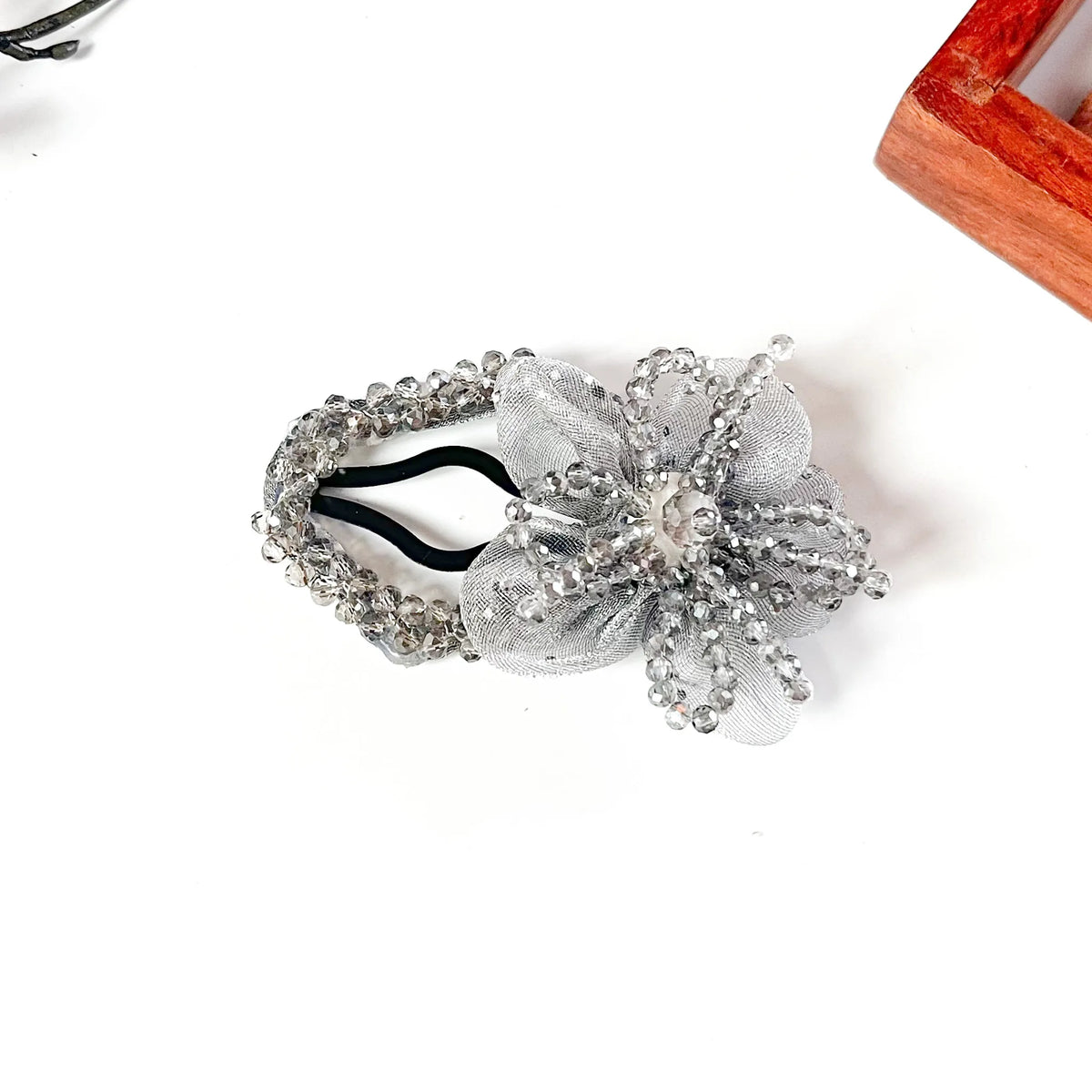 Silver grey crystal bloom tic tac hair clip with beaded frame and organza flower