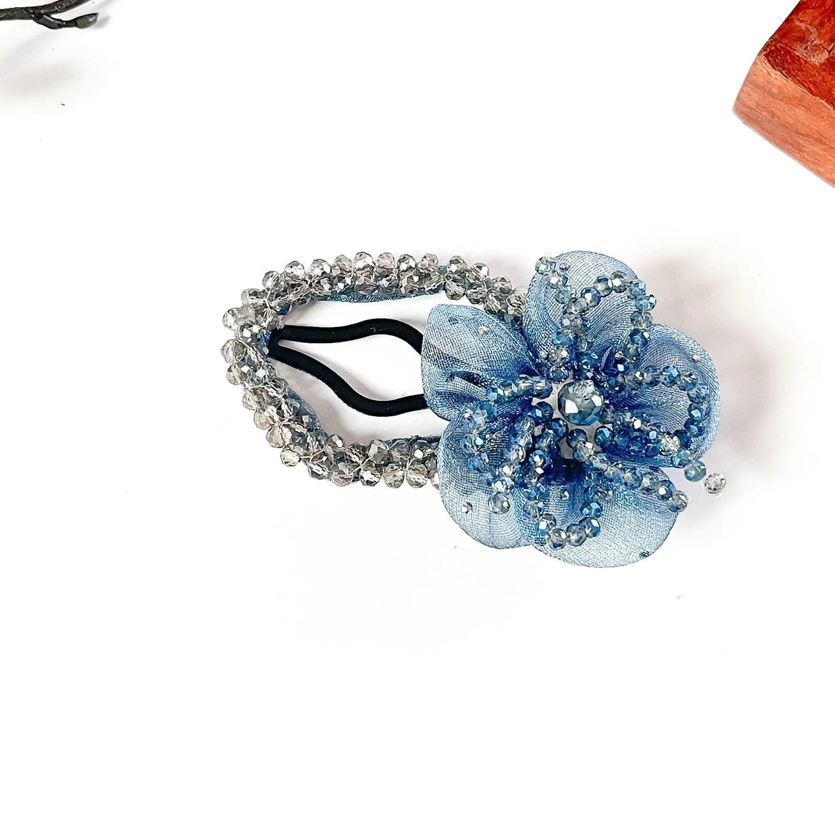 Sky blue flower tic tac clip with silver grey crystal bead frame
