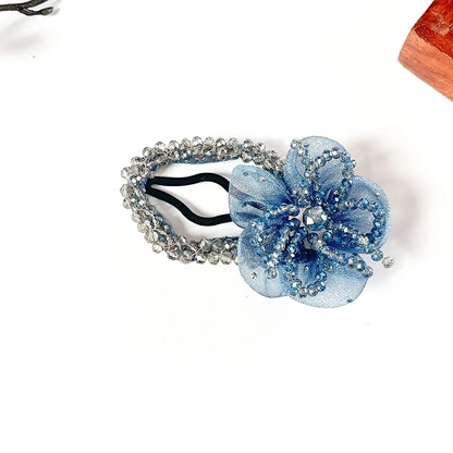 Sky blue flower tic tac clip with silver grey crystal bead frame