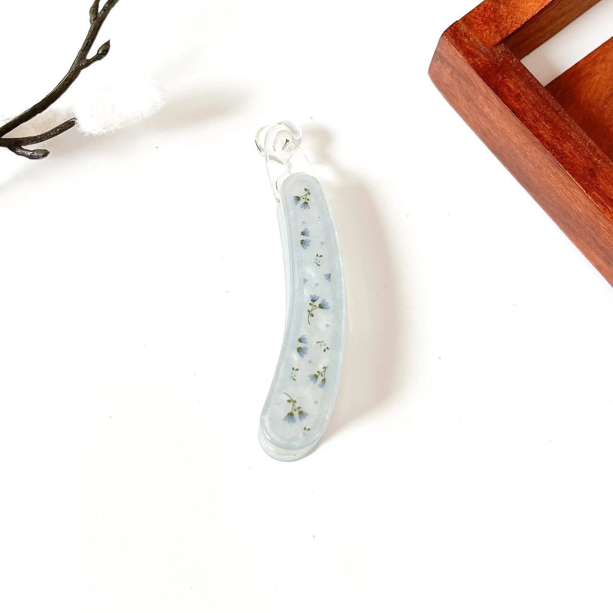 Slate blue pressed flower lock banana hair clip with dried blue flowers, large 8cm botanical design