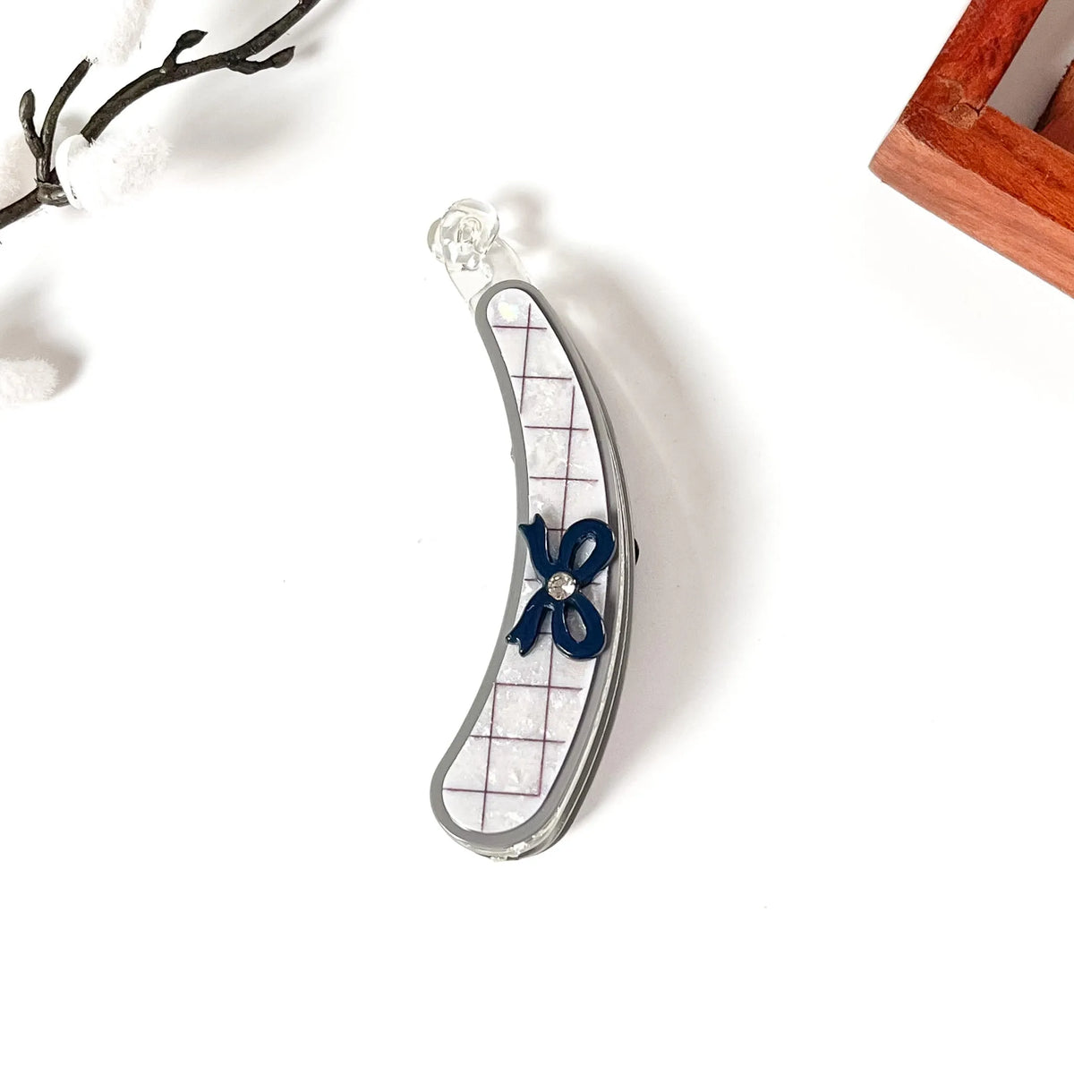 Gray plaid lock banana hair clip with white grid interior and navy flower accent, large 10cm fancy banana clip
