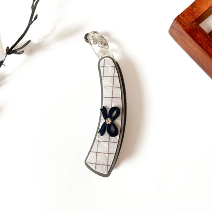 Gray plaid lock banana hair clip with white grid interior and navy flower accent, large 10cm fancy banana clip