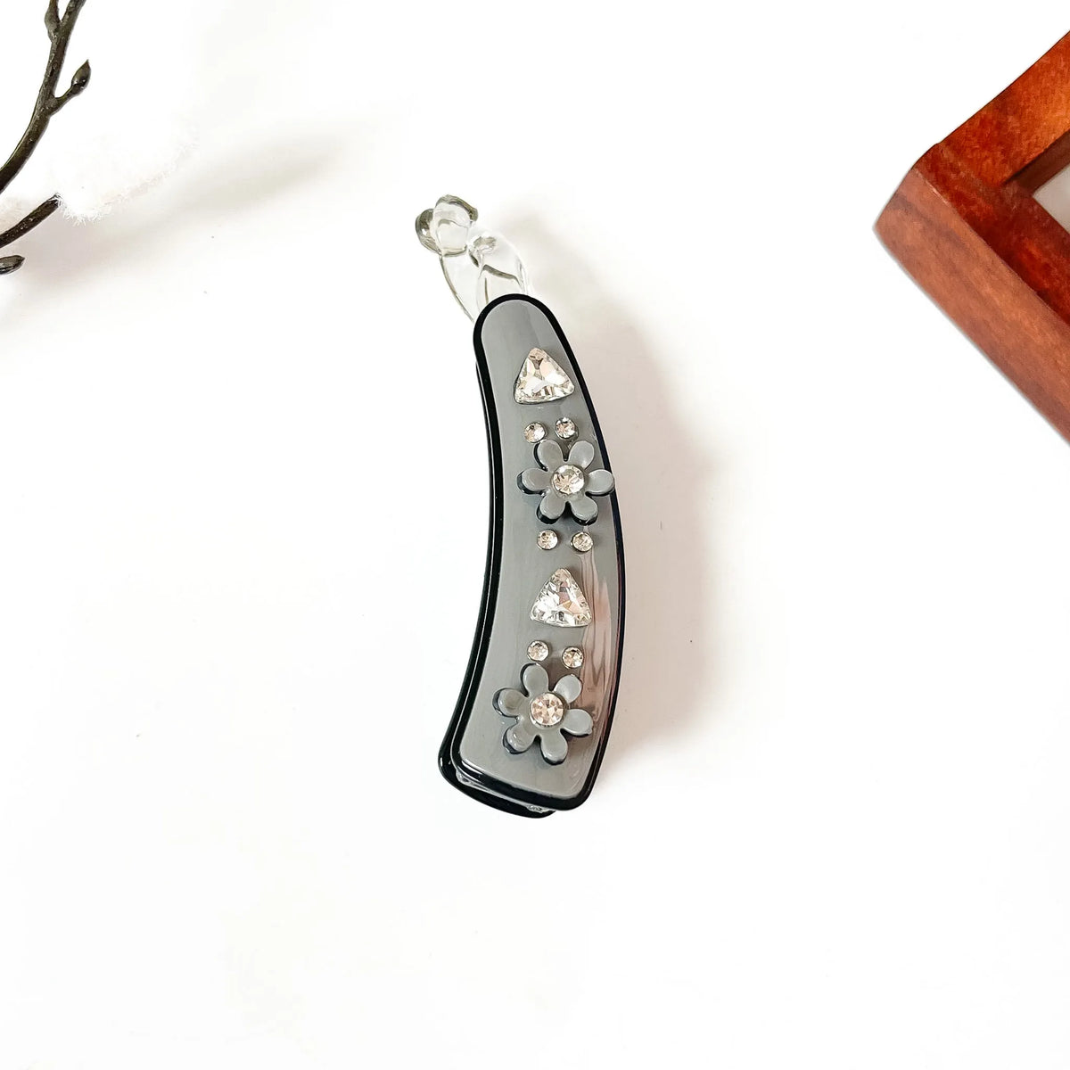 Slate grey jeweled blossom banana clip with crystal rhinestones and white flowers, large elegant hair clip