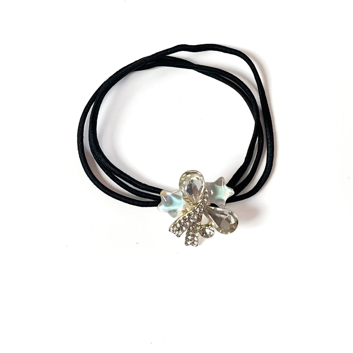 Smoke grey fancy hair tie with clear crystals, grey ombre rhinestone ribbon and lilac stars, crystal hair rubber band