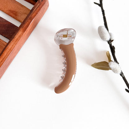Biege smooth gloss banana clip with crystalline finial, 8cm medium gloss clip