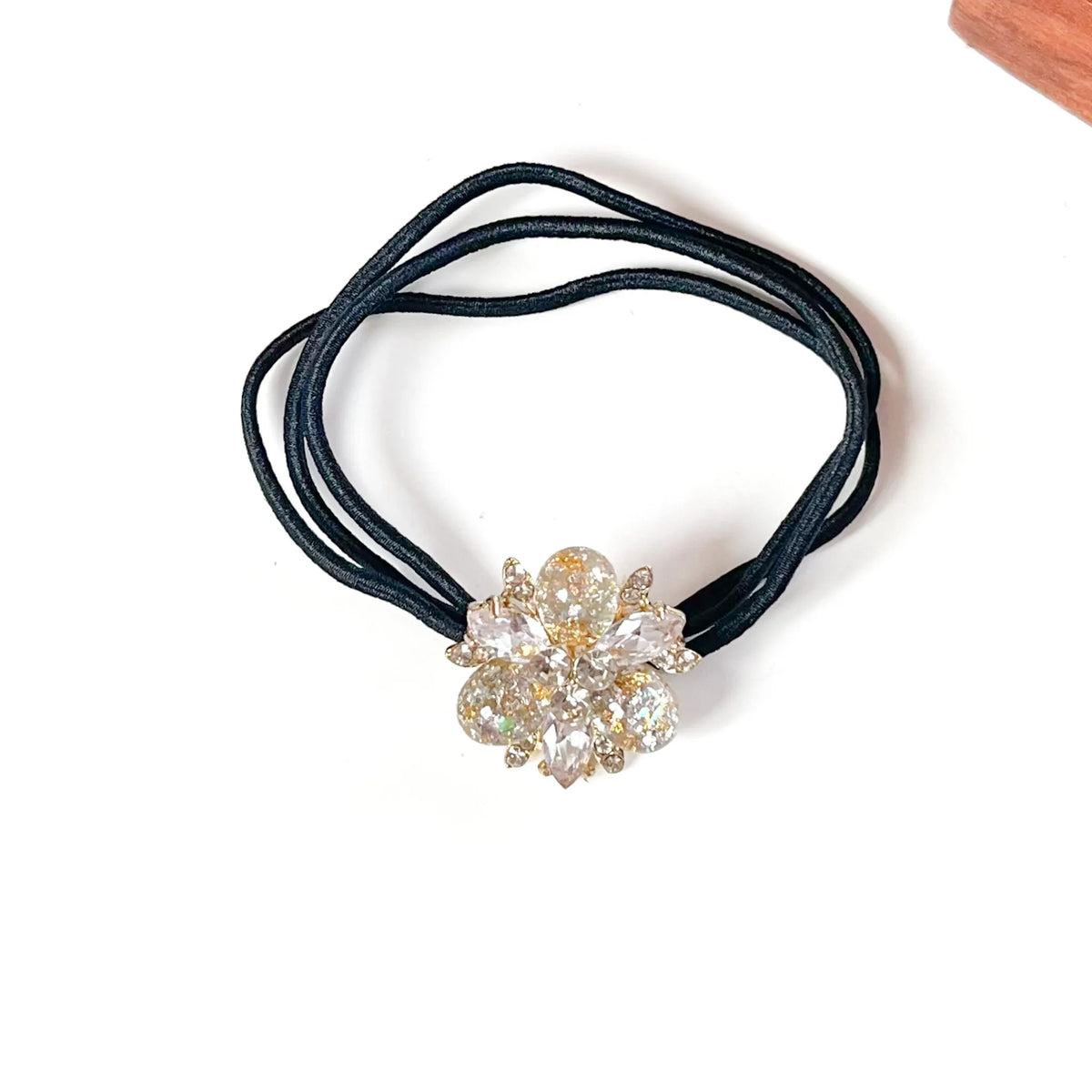 Snow white fancy hair rubber band with clear glitter stones and crystal flower, dressy ponytail holder