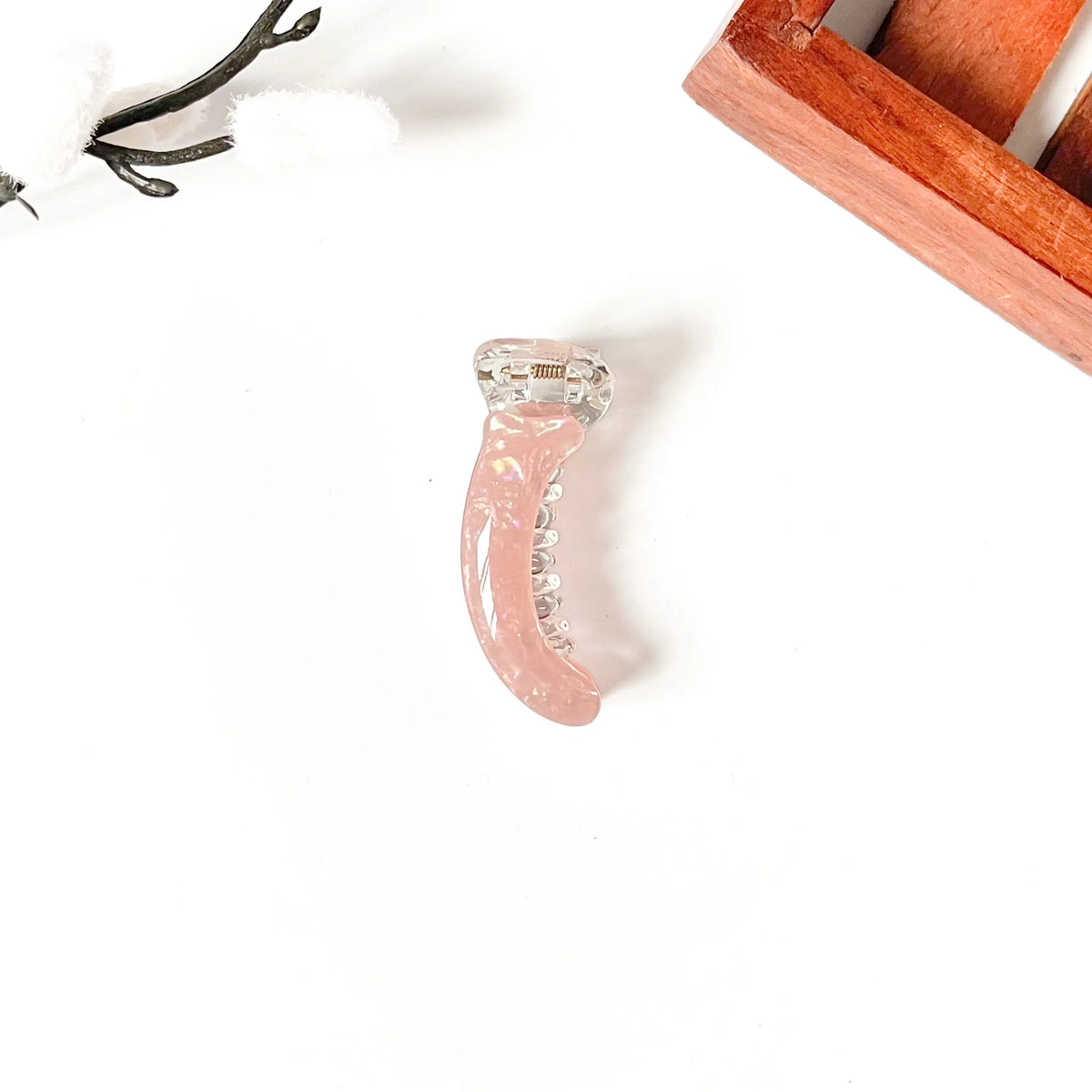 Coral pink pastel mini banana hair clip for women, 5cm