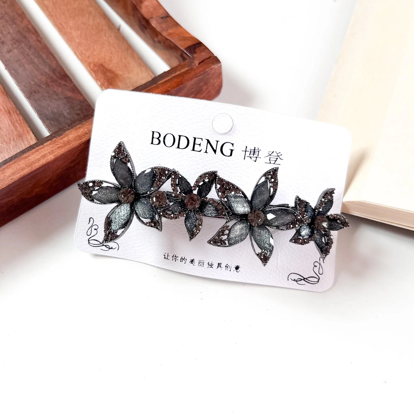 Star petal crystal barrette charcoal grey rhinestone hair clip