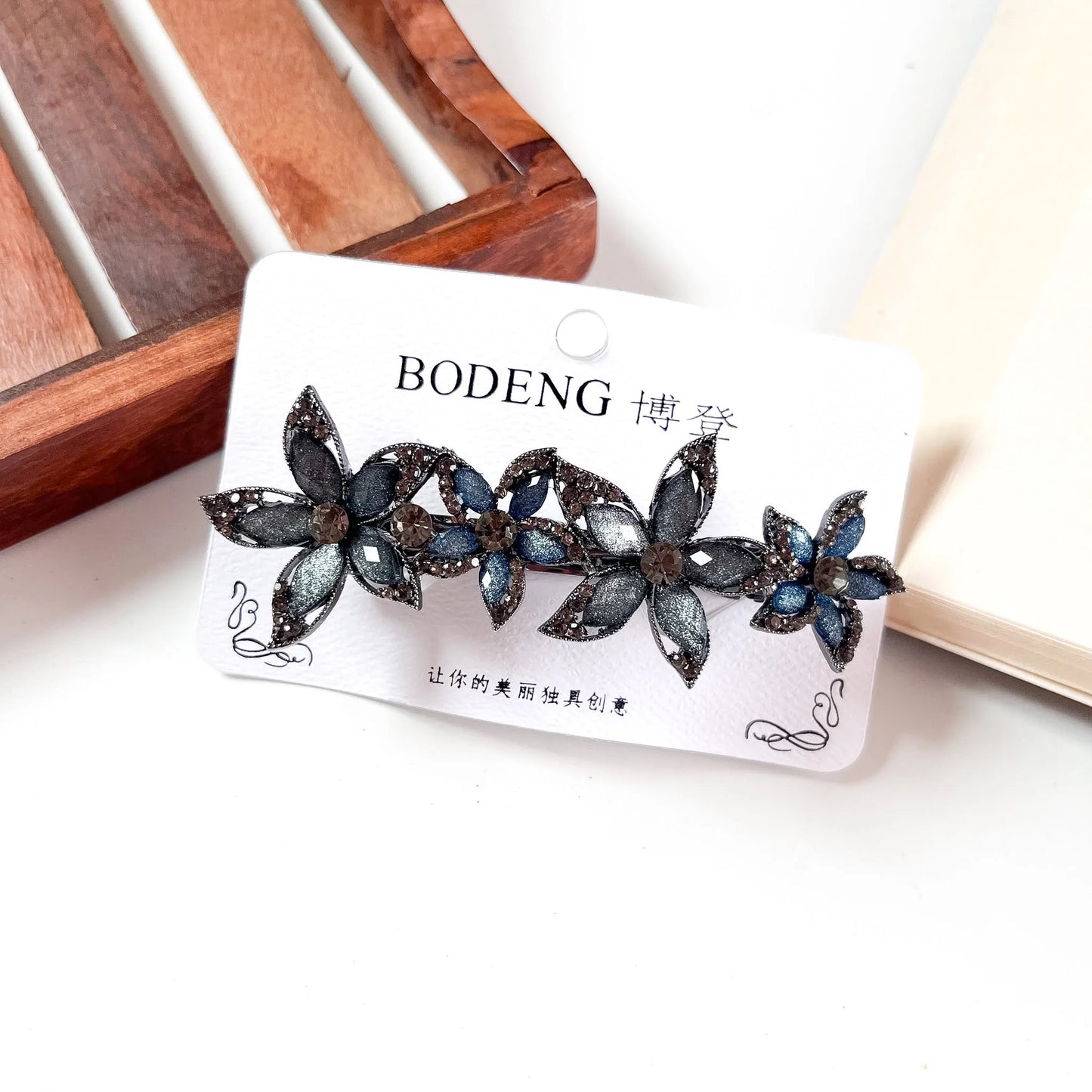 Star petal crystal barrette navy blue rhinestone flower barrette