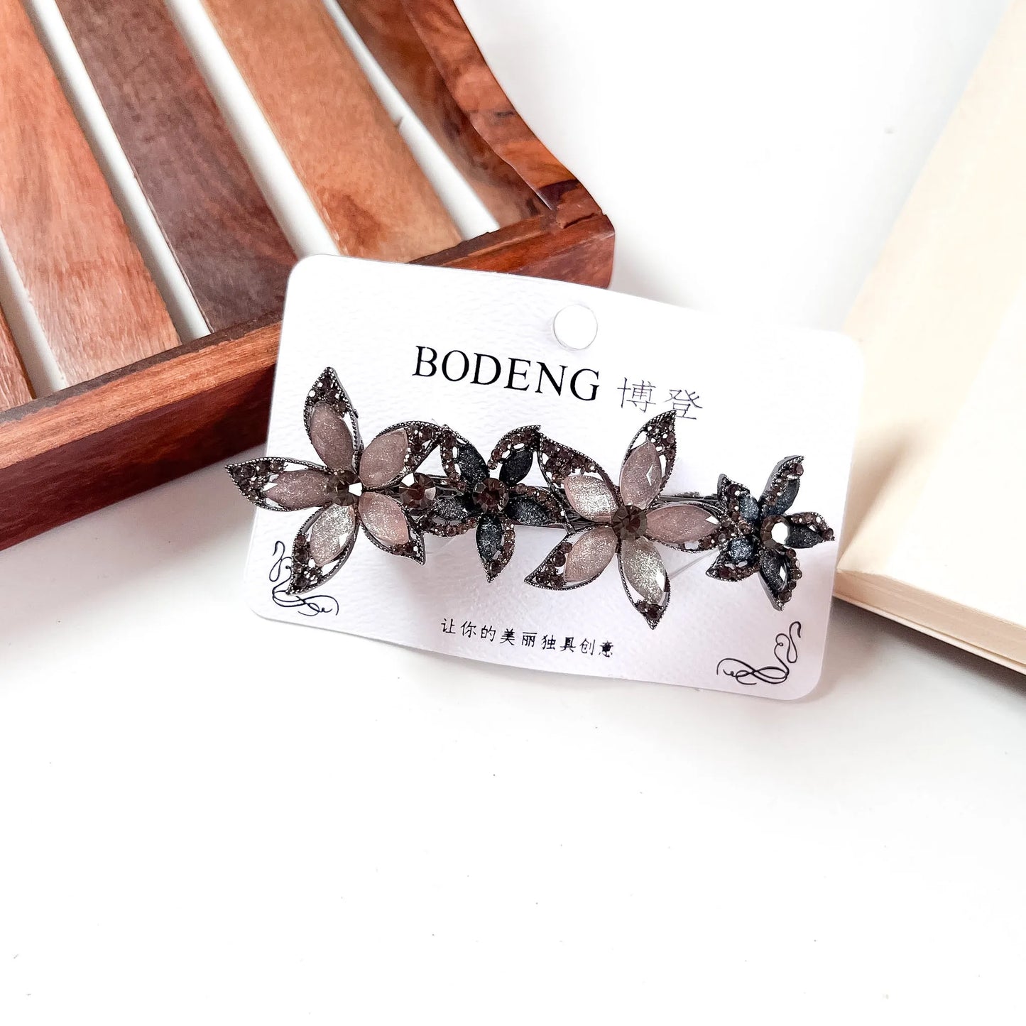 Star petal crystal barrette taupe nude rhinestone flower clip
