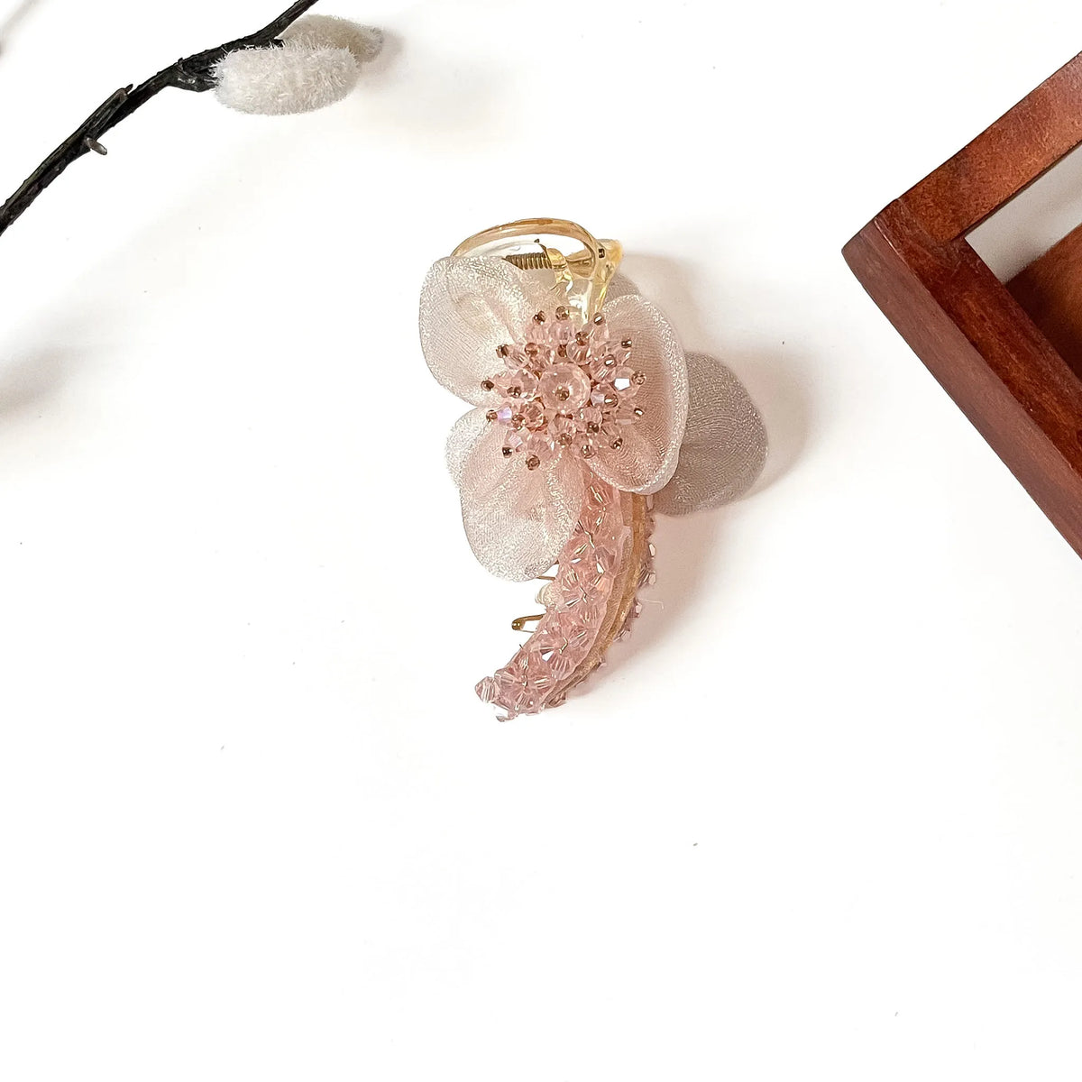 Starburst Bloom Banana Clip in pearl pink, 8cm ivory organza flower banana clip with pink crystals