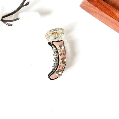 Rose pink mini banana clip with pink star crystals and rhinestones, 5cm
