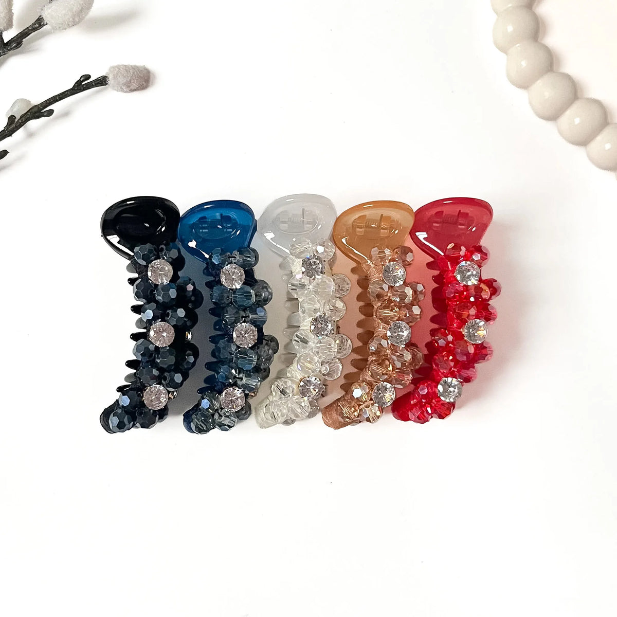 Starlight Trio Banana Clip, 8cm premium crystal banana clutchers in black, blue, white, amber and red