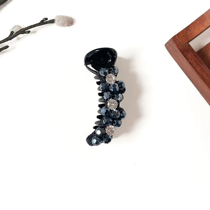 Starlight Trio Banana Clip in midnight black, 8cm crystal banana clutcher with black faceted beads and three rhinestones