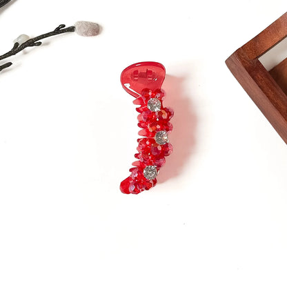 Starlight Trio Banana Clip in ruby red, 8cm crystal banana clutcher with iridescent red beads and three rhinestones