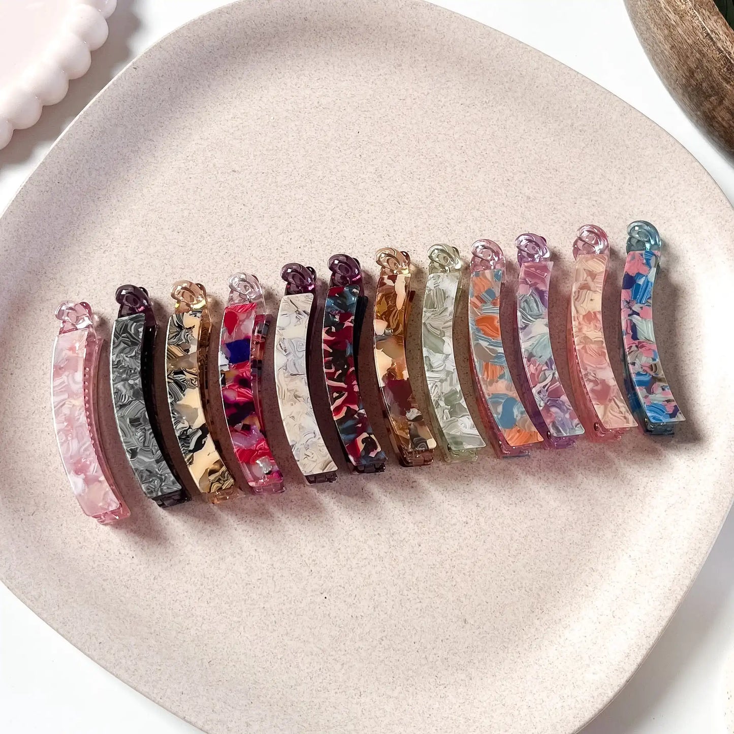 Straight mosaic lock banana clip in 12 shades pink grey gold red amber sage and more