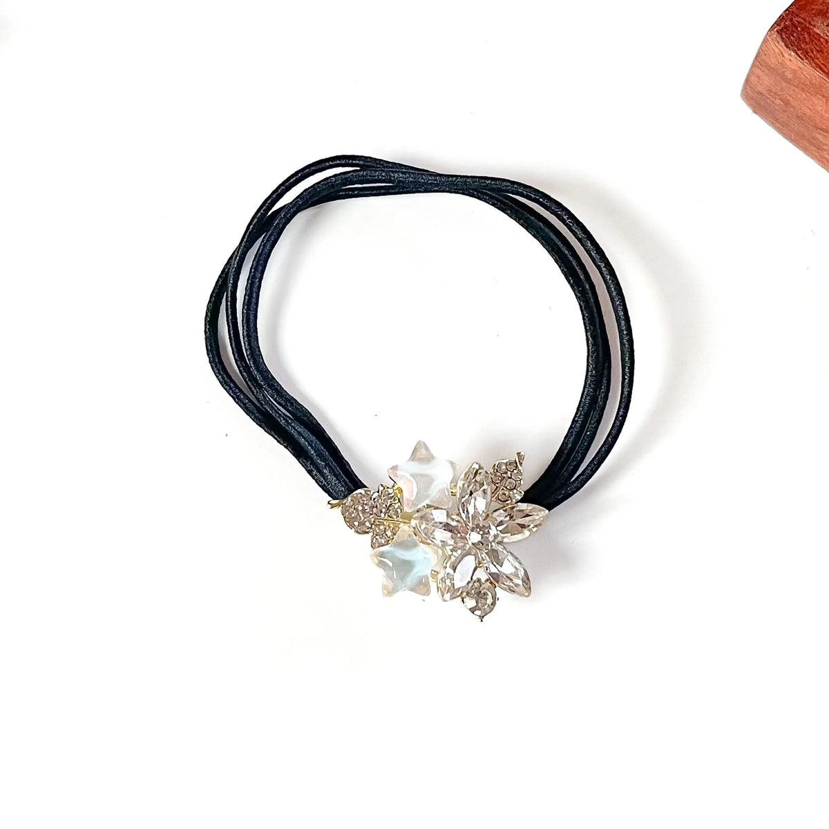 Swan white fancy hair rubber band with clear crystal flower and pearly star charms, dressy ponytail holder
