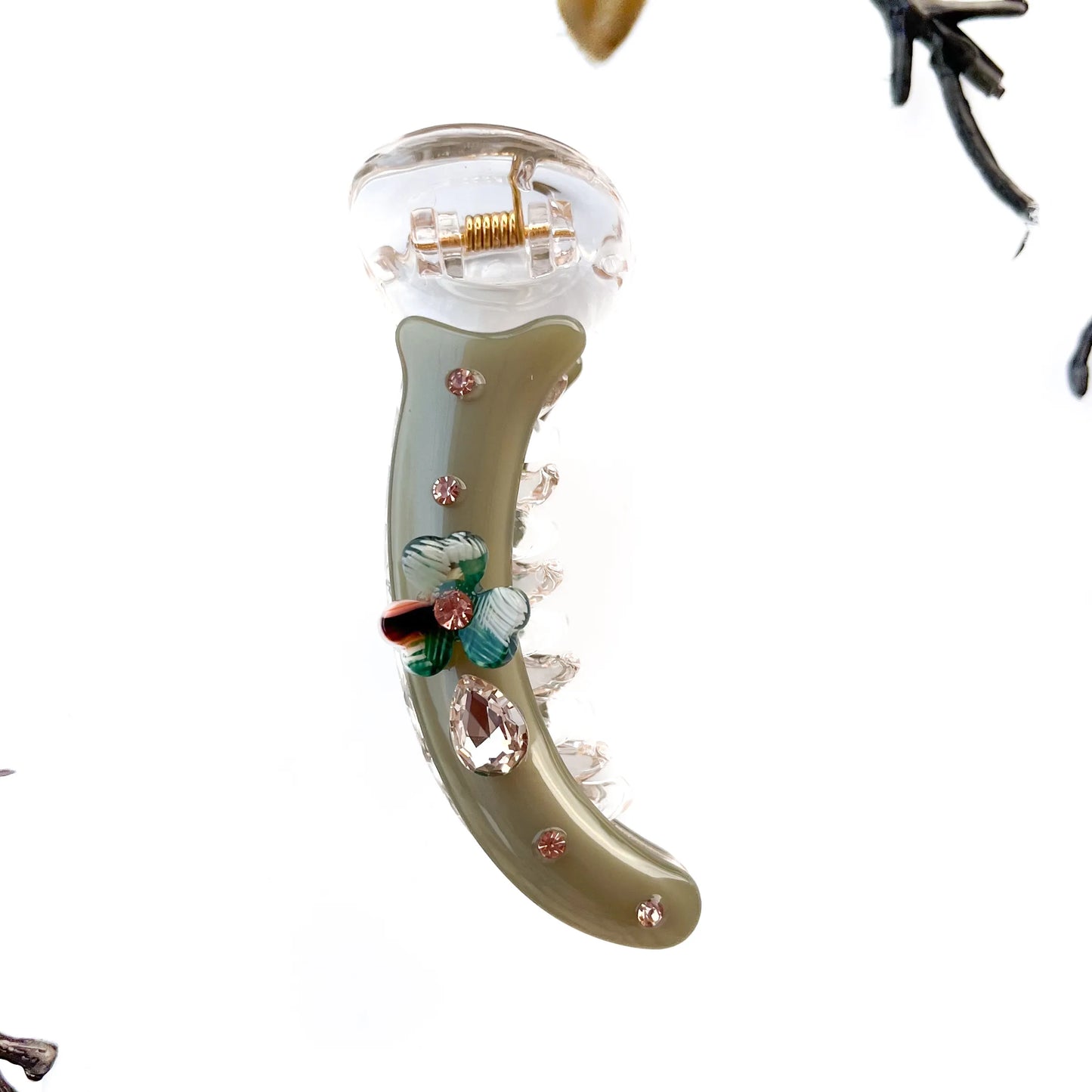 Teardrop crystal banana clip fancy embellished banana clip in sage green