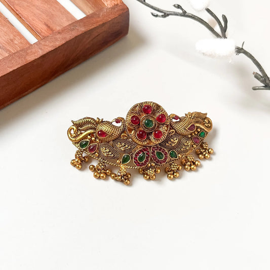 Antique gold peacock centre clip with red and green kemp flower and ghungroo clusters