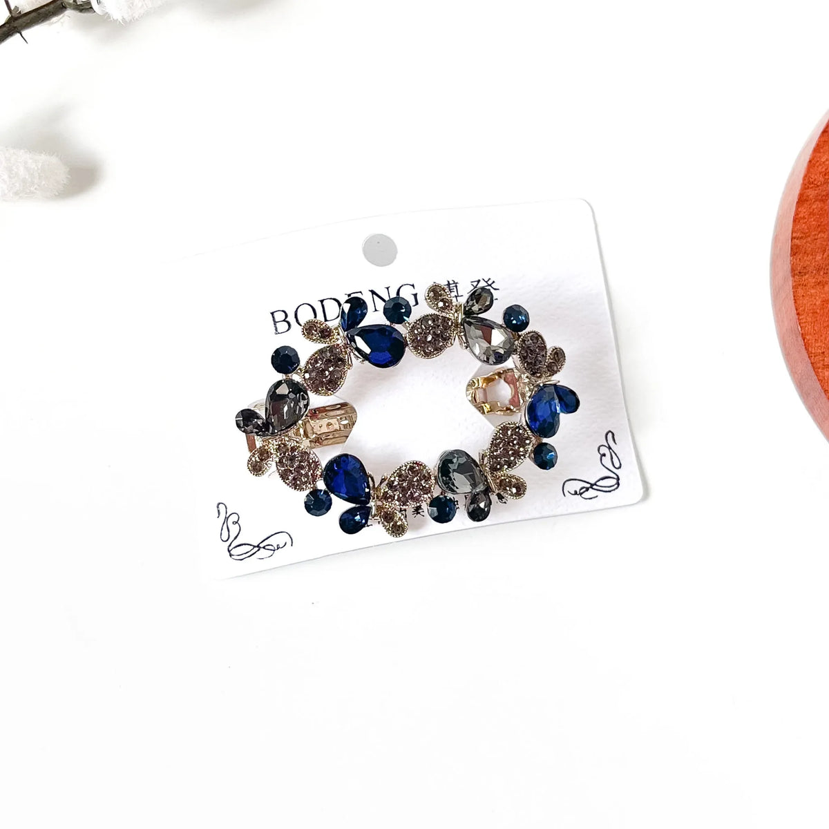 Sapphire navy blue butterfly barrette with rhinestones, a fancy hair clip for weddings