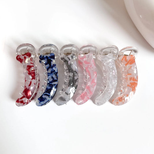 Tortoise confetti mini banana clips in red, navy, grey, pink, white and orange confetti pattern for thin and short hair